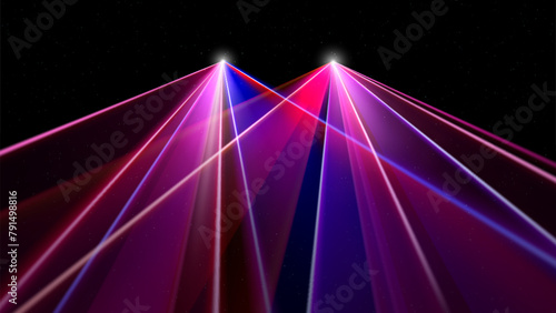 Laser light show. Bright led laser beams, dj light party. LED strobe lights, illuminated red pink blue stage. Background, backdrop for displaying products. Vector illustration
