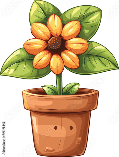 Charming Plant in Pot, Kawaii Character Vector on White Background