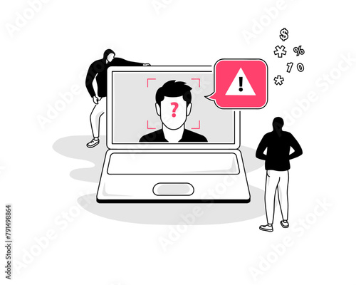 Deepfake attack symbol with a laptop computer and a manipulated fake video. Flat design, easy to use for your website or presentation. photo