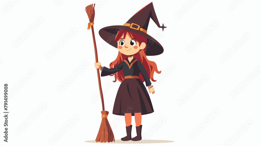 Cute girl in witch hat standing with a broomstick