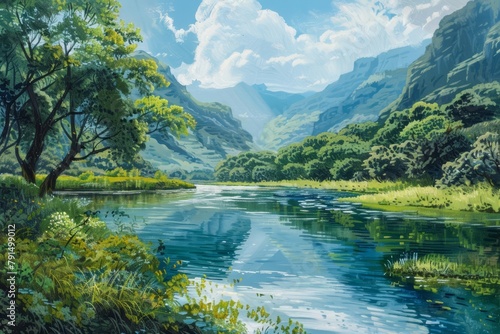 A tranquil river meandered through a lush valley, its surface reflecting the vibrant greens and soft blues of a peaceful summer day photo