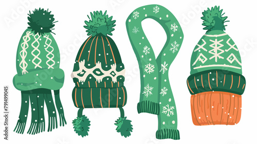 Cute green childish bobble hat and scarf vector flat