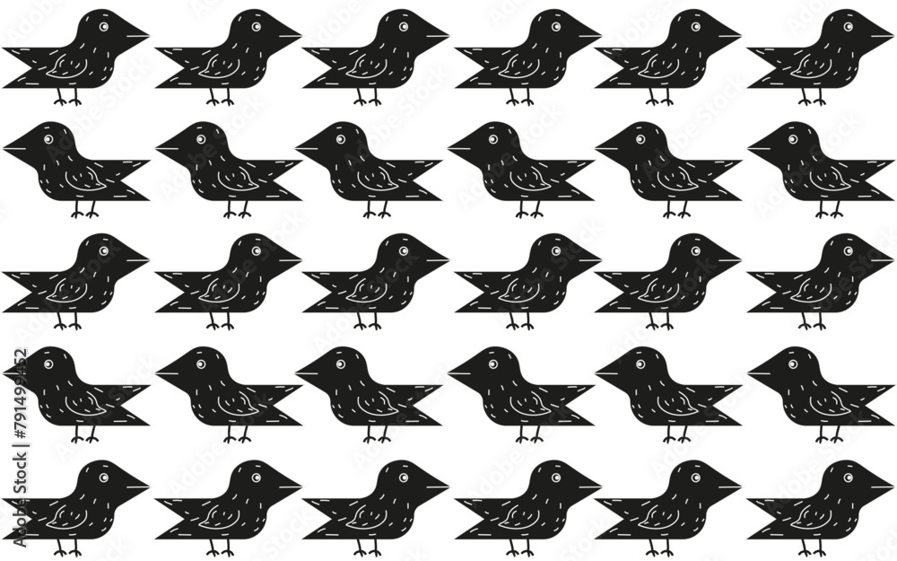 Fototapeta premium Seamless pattern with Doodle Woodcut birds in trend Brazilian Cordel style. Simple black Birds ornament. Folk vector aesthetic can used textile, wall print. Editable stroke.