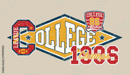 College athletic league champion football team vintage vector print for kid boy t shirt with embroidery patches grunge effect in separate layer