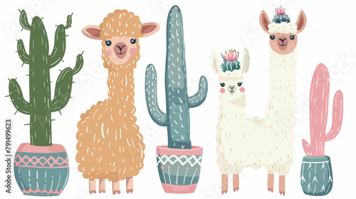 Cute Lama Alpaca and cactuses set. Hand drawn cartoon