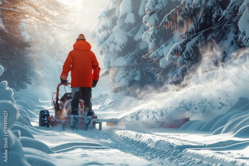An individual in a red coat clears a snow-laden path in the forest using a powerful snowblower photo