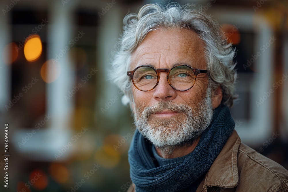 Close-up image of a happy elderly man with vibrant grey hair, smiling and wearing circular eyeglasses Close-up image of a happy elderly man with vibrant grey hair, smiling and wearing circular eyeglasses