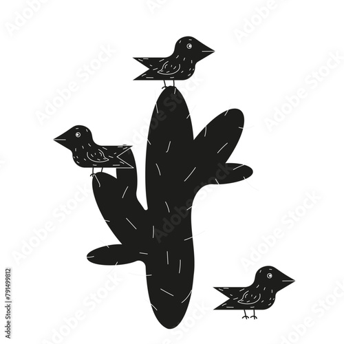 Mexican art with Woodcut birds family on the Cactus isolated white background. Simple black Starlings in trend Brazilian Cordel style. Minimal vector can used poster, banner design, t-shirt print