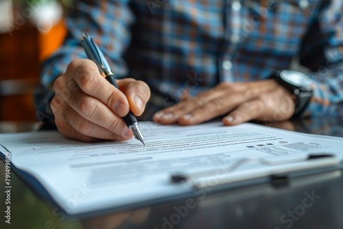 Focused image of a man's hand filling out paperwork, with a clear view of a signature and pen