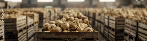 Celery roots harvested in wooden boxes in a warehouse. Natural organic fruit abundance. Healthy and natural food storing and shipping concept. photo