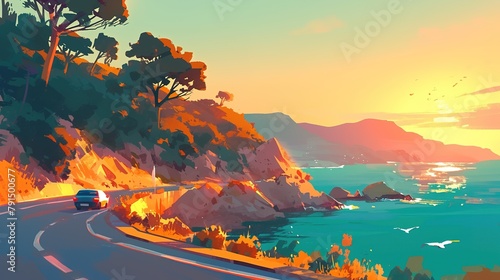 highway landscape at colorful sunset. road view on mediterranean coast of spain. coastal road landscape beautiful nature scenery. car driving on mountain road by the sea. summer vacation on the photo