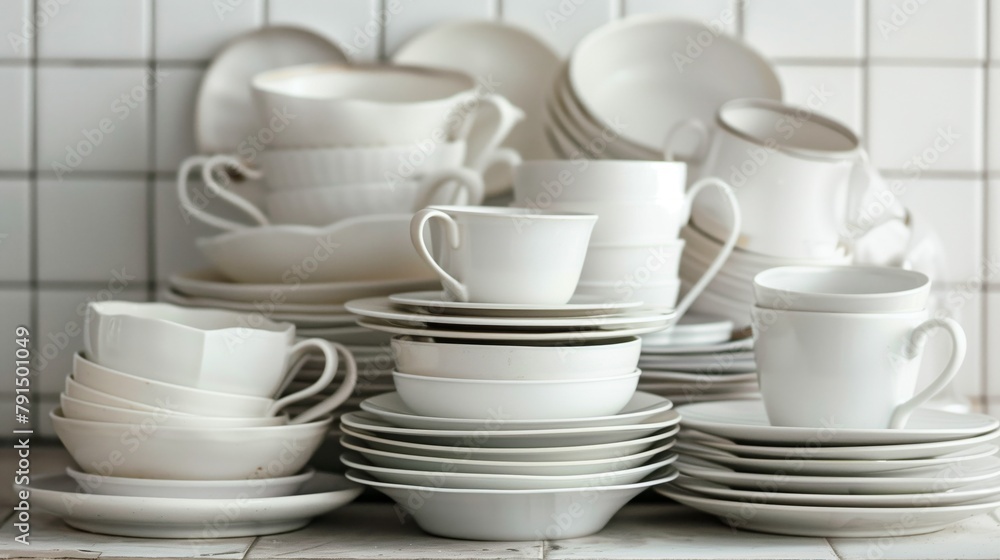 A collection of white ceramic dishes and cups neatly stacked on a countertop. A collection of white ceramic dishes and cups neatly stacked on a countertop.