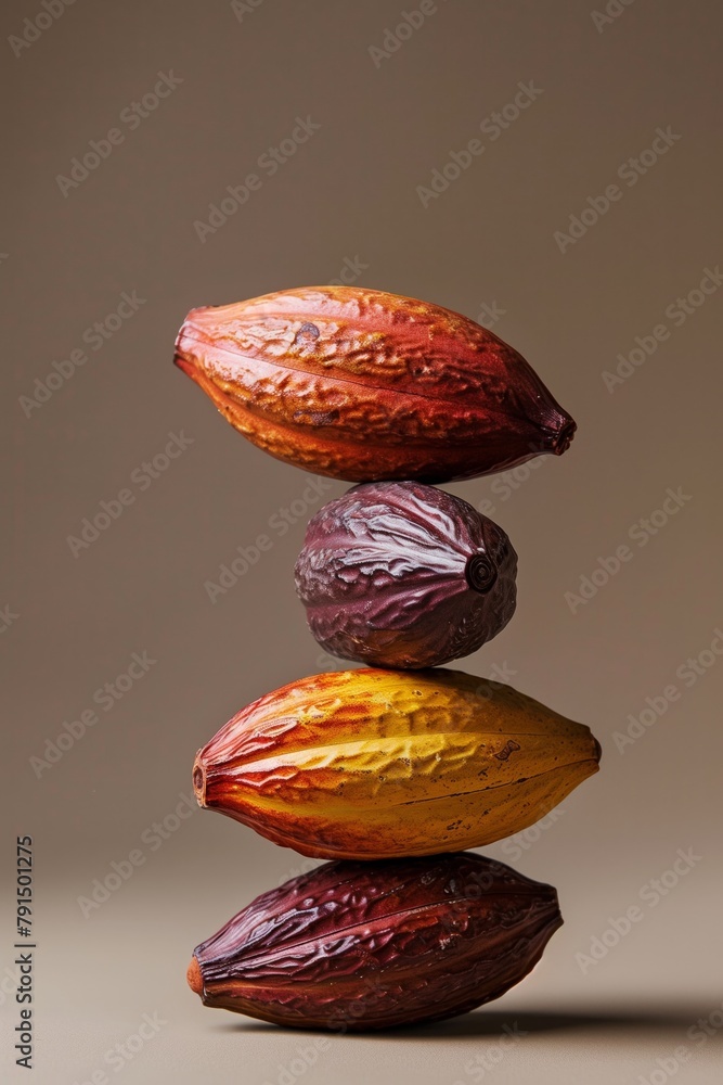 A stack of four colorful cacao pods arranged vertically against a neutral background. - obrazy, fototapety, plakaty 