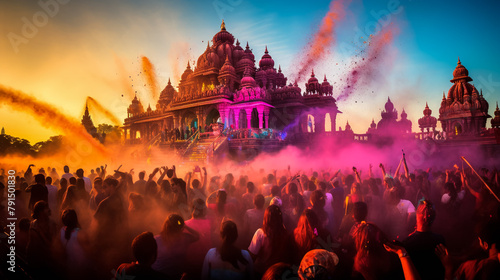People celebrating Holi festival, Nandgaon,Uttar Pradesh,India - March 18,2016: People gathered to play Holi during Holi festival photo