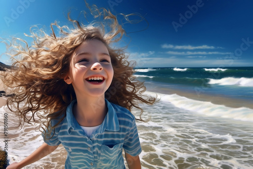 Bambina in spiaggia al mare, sole, estete, vacanza photo