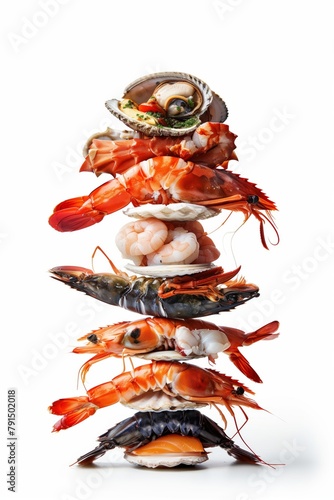 A vertical assortment of fresh seafood delicacies isolated on white background