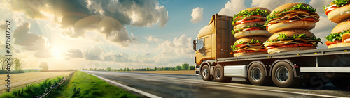 Cargo truck full of sandwiches on the road in the american countryside and sunset. Concept of high quality food products, cargo and shipping.