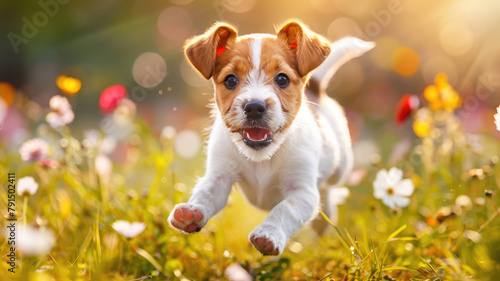 Energetic Jack Russell Terrier Puppy in Sunlit Meadow