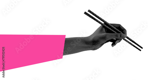 Trendy hand holding chopsticks, abstract cutout hand halftone collage element for design montage photo