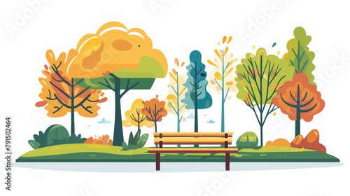 Landscape in city park. Park bench and trees . Vector