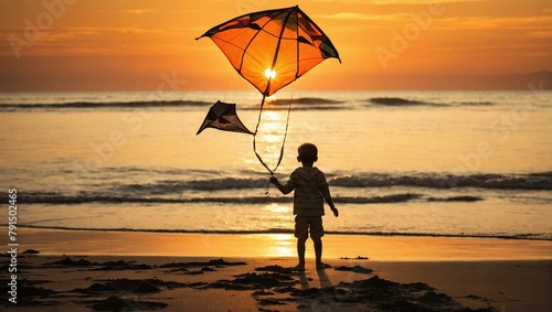 A small boy stands alone on the beach, holding kites against a shimmering sunset, with warm tones reflecting off oceanwater photo