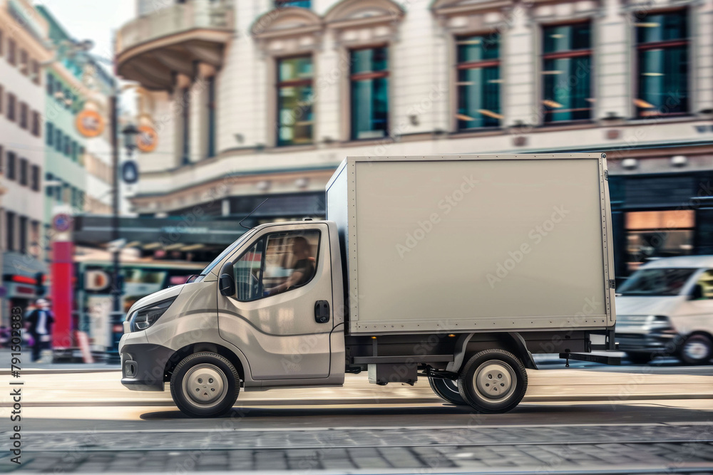 Mockup of a small truck with white van on a city street, side vi