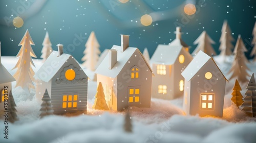 Houses lined a snowy street, their windows glowing warmly, cut from paper to create a quaint, peaceful winter village scene