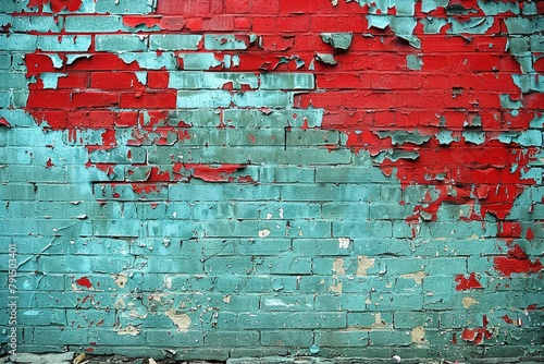 Distressed brick wall texture in red and blue tones, with peeling paint revealing aged brickwork photo