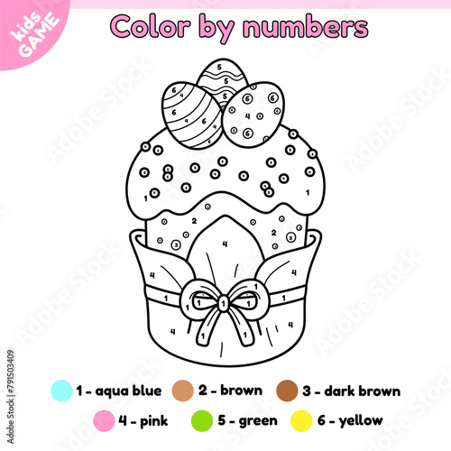 Kids Easter game Color by numbers with cartoon Easter cake. Page of the coloring book. Traditional kulich decorated with a bow and painted eggs. Activity book for children. Outline vector illustration