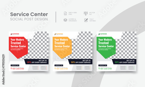 Service center social media post for tech, phone, desktop & car repair banner ads. Professional servicing center social media flyer layout design. Vol - 1