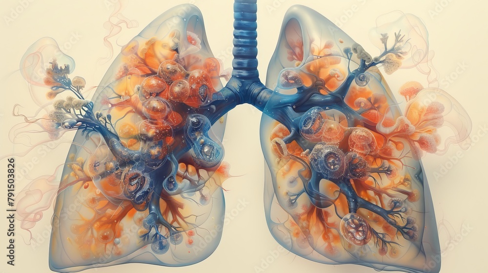 Illustrate the process of gas exchange in the lungs, depicting how oxygen is absorbed into the