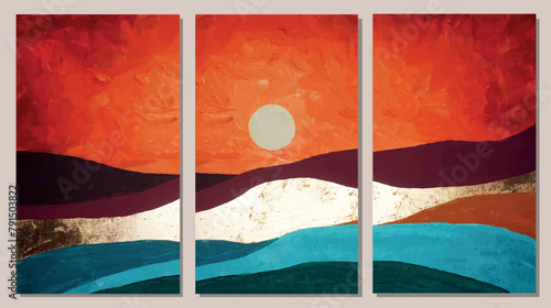 Mountain background vector. Minimal landscape art with acrylic brush and gold line texture. Abstract art wallpaper for prints, artwork, wall art and canvas prints.