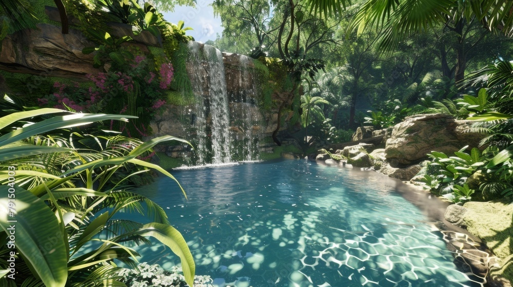 Step into a virtual oasis complete with cascading waterfalls peaceful streams and lush vegetation. Let the tranquil sounds of nature wash over you as you find inner . - obrazy, fototapety, plakaty 
