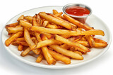 Delicious French fries with red sauce tomato ketchup. Salted potato fry in a white bowl. Isolated background. Golden homemade deep fried salty french frites serving on a plate. Very good chips