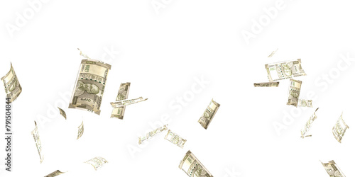500 Indian rupee notes flying in different angles and orientations isolated on black background