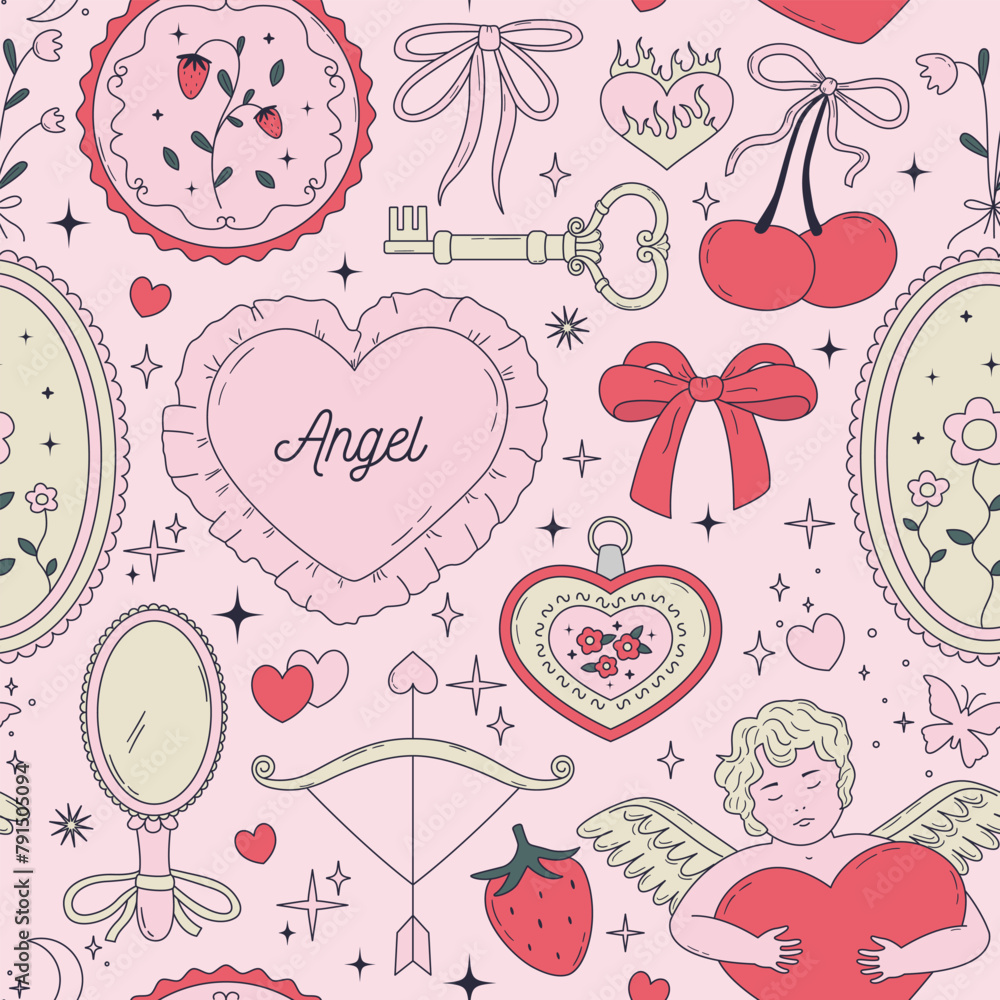 Seamless vector pattern with cute coquette bows, ribbons, flowers, cherry, hearts. Elegant vintage background in pastel pink color. Hand drawn line art girly wallpaper, wrapping paper, textile
