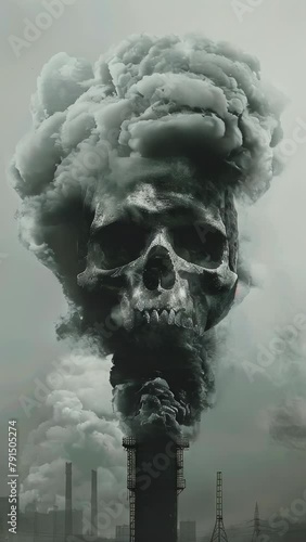 A skull is shown in the middle of a cloud of smoke. The skull is surrounded by a lot of smoke, which gives the image a dark and ominous mood