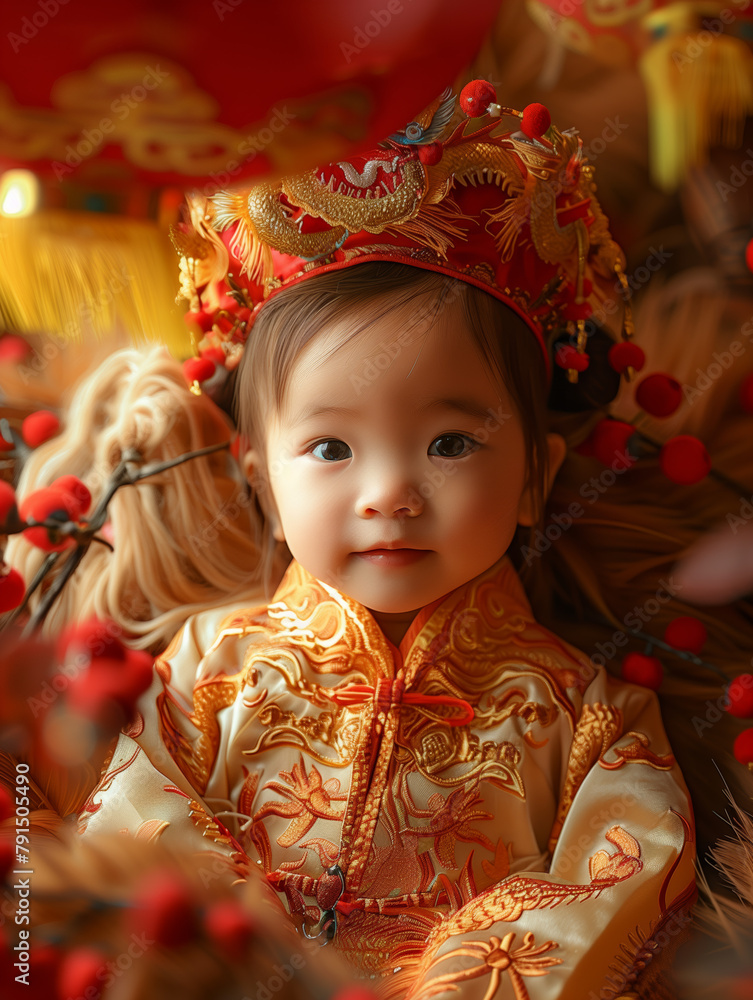 A cute Asian baby girl in a traditional Chinese outfit is sitting on a red background. Chinese's new year portrait.