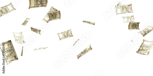 500 Indian rupee notes flying in different angles and orientations isolated on black background