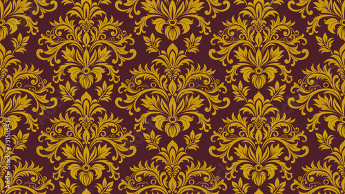 Damask seamless pattern background. Traditional vector ornament. Classic oriental brown and golden pattern
