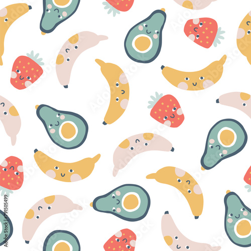 Tropical Fruit seamless pattern. Vector cartoon childish background with cute smiling fruit characters in simple hand-drawn style. Pastel colors on a white background