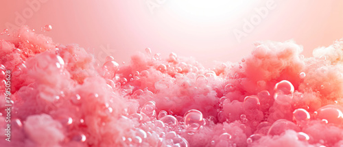 Close up of pink abstract texture with shapes  soap bubbles  foam. Trendy  surreal peach fuzz background. Generative ai