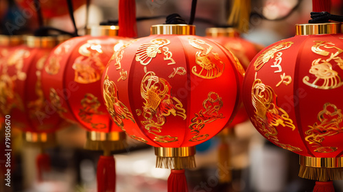 Multiple hanging red paper lantern as decoration for Chinese New Year celebration  © muhammad