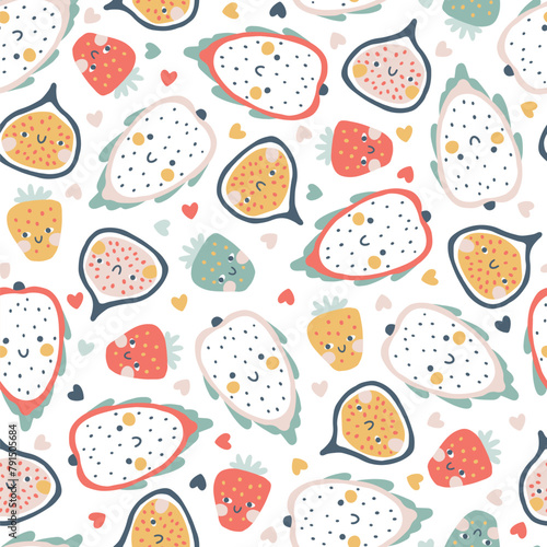 Tropical Fruit seamless pattern. Vector cartoon childish background with cute smiling fruit characters in simple hand-drawn style. Pastel colors on a white background with polka dots hearts