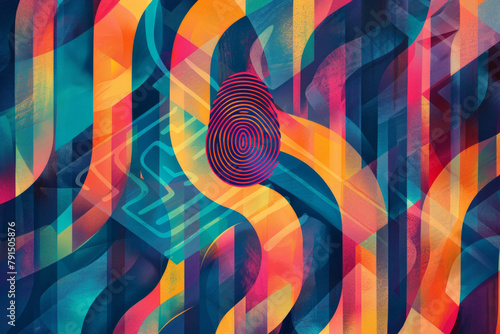 Envision a minimalist design featuring geometric shapes and vibrant colors. At the center of the composition is a stylized fingerprint or iris scan, symbolizing biometric security measures.  photo
