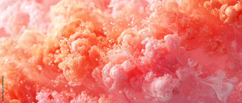 Fototapeta premium Close up of pink abstract texture with shapes, particles. Clouds, fluff, fur, painted effect. Trendy, surreal peach fuzz background. Generative ai