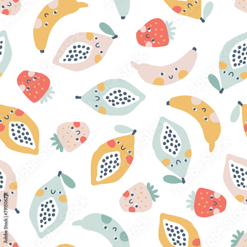 Tropical Fruit seamless pattern. Vector cartoon childish background with cute smiling fruit characters in simple hand-drawn style. Pastel colors on a white background