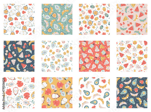 Tropical Fruit collection of seamless patterns. Vector cartoon childish background with cute smiling fruit characters in simple hand-drawn style. Pastel colors, polka dots, hearts