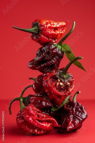 Stack of glossy red hot chili peppers on a vibrant red background.