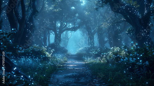 Gloomy fantasy forest scene at night with glowing ligh photo